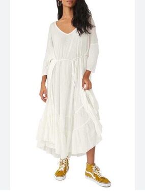 Free People Sunseeker Boho Midi Dress  Flowy Cottagecore Cotton L Resortwear